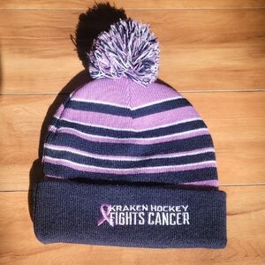 Seattle Kraken Hockey Fights Cancer Purple Navy Beanie Hat From 11/17/22 Game.